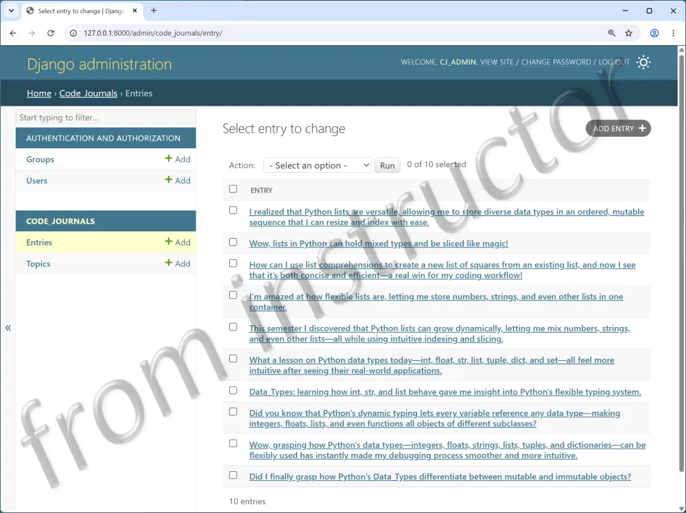 Django admin Add entry page in a desktop web browser. The page shows 10 entries.