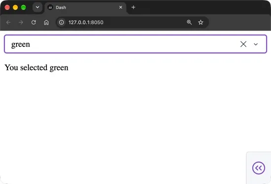 Dash app in browser showing the color dropdown with "green" selected and "You selected green" displayed below
