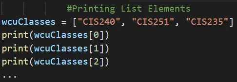 Python code with multiple print statements listing fruits individually, showing the problem of code repetition