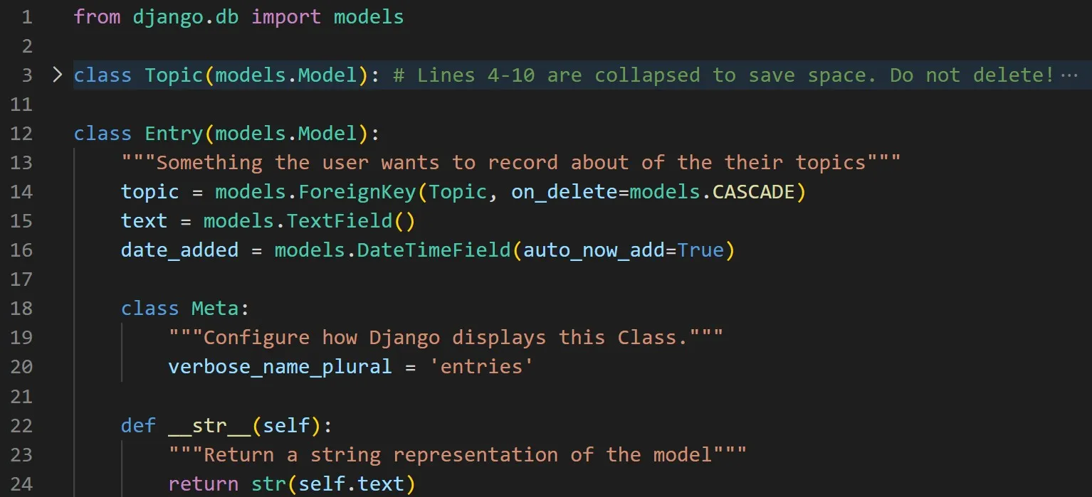 models.py code defining the Entry class with a foreign key to Topic, a text field, and a date_added field