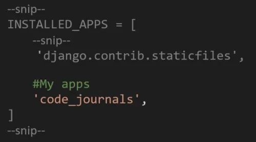 settings.py INSTALLED_APPS list showing code_journals added under the "My apps" section