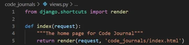 views.py showing the index function that takes a request and calls render with the index.html template path